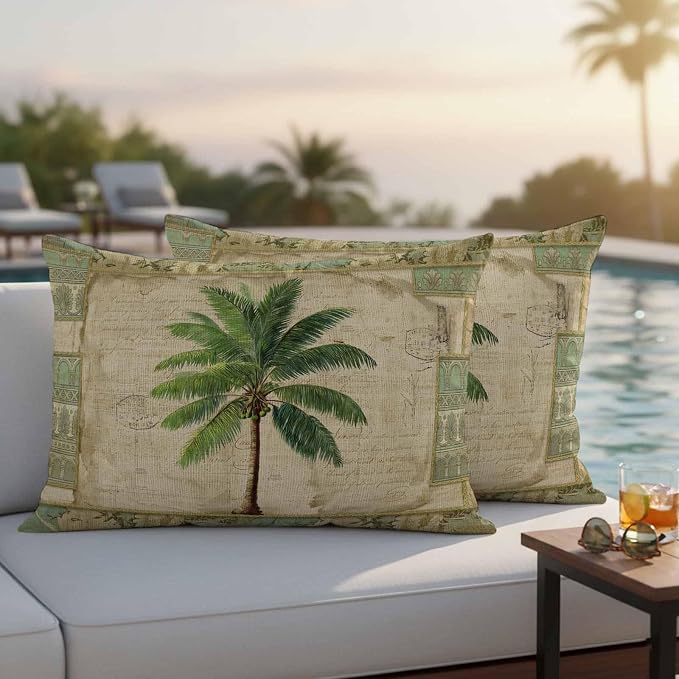 Summer Palm Trees Outdoor Pillow Covers 20"x12" Set of 2, Green Tropical Leaves Retro Boho Vintage Texture Waterproof Throw Pillow Covers for Patio Furniture, Decorative Cushion Covers for Porch