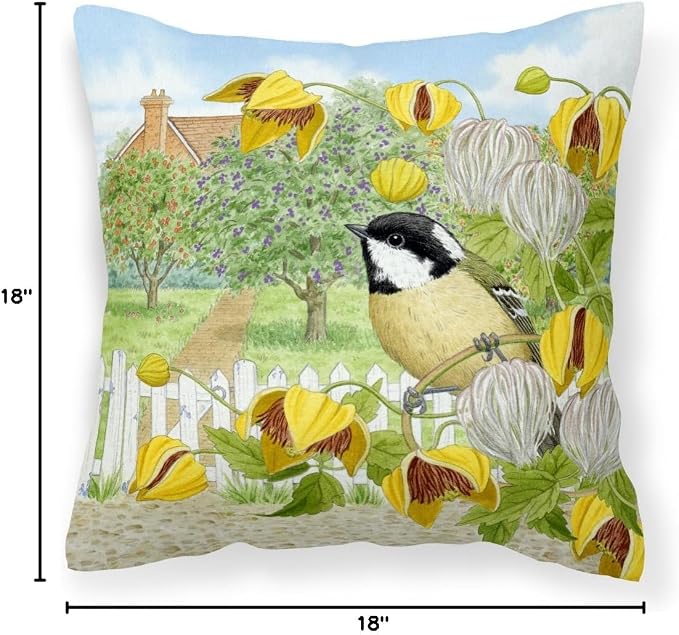Caroline's Treasures ASAD0702PW1818 Coal Tits Yellow Flowers Fabric Decorative Pillow Machine Washable, Indoor Outdoor Decorative Pillow for Couch, Bed or Patio, 18Hx18W