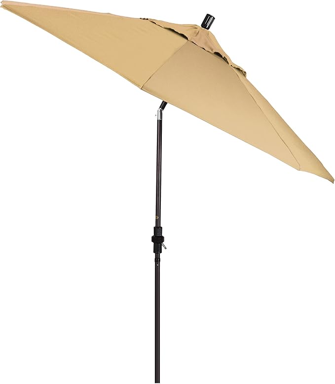 California Umbrella 9' Round Aluminum Market Umbrella, Crank Lift, Collar Tilt, Bronze Pole, Champagne Olefin