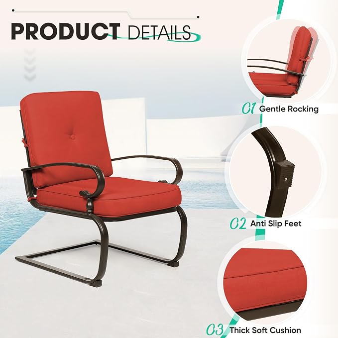 Incbruce 4Pcs Outdoor Metal Furniture Patio Conversation Sets (Glider, Bistro Table, 2 Spring Lounge Chairs) - Wrought Iron Outdoor Glider Chairs Sets (red)