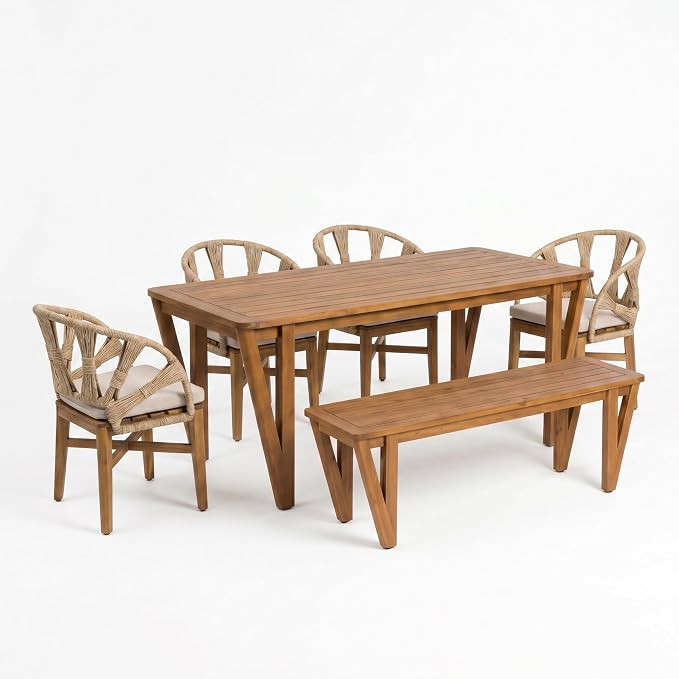 Christopher Knight Home para Acacia Wood Patio Dining Set with Bench, Solid Wood Outdoor Dining Table Set for 6, Outdoor Dining Set with Water-Resistant Cushion, Teak+Beige