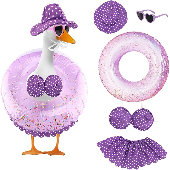 Porch Goose Summer Outfit, Purple, 23'' Lawn Statue | Bikini Hawaiian Outfit, Hat & Sunglasses Included, Swimming Ring Included, For Cement or Plastic Goose