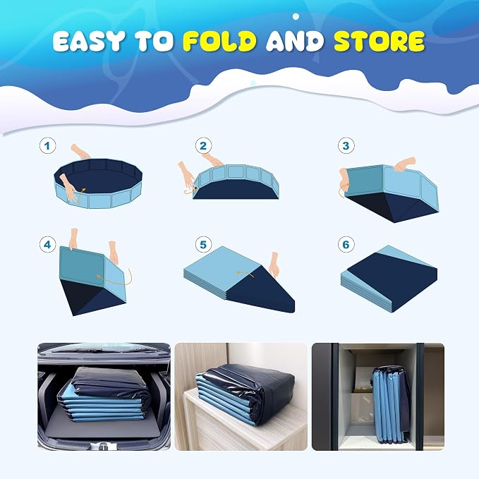COMMOUDS 107 Inch Extra Large Foldable Dog Pool, Collapsible Hard Plastic Dog Kiddie Swimming Pool, Portable Pet Bath Tub Wading Pools for Kids and Puppy Small Medium Large Dogs