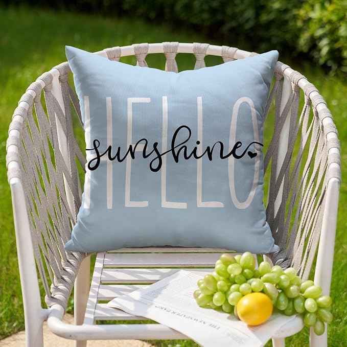 DFXSZ Sky Blue Outdoor Waterproof Pillow Covers 18x18 Set of 2 | Hello Sunshine Decor Spring Summer Polyester Pillow Covers(NO INSERTS)| Decor for Patio Funiture Garden Sofa Couch