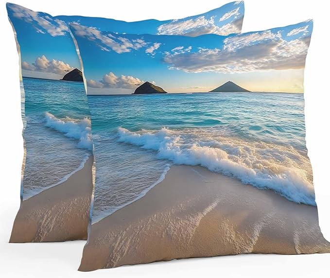 Ocean Waterproof Outdoor Pillow Covers Set of 2 Home Decor, Blue Sky Mountain Sandy Beach Sea Scenery Pillowcase Patio Pillow Covers for Couch Bench Furniture Garden 16x16in