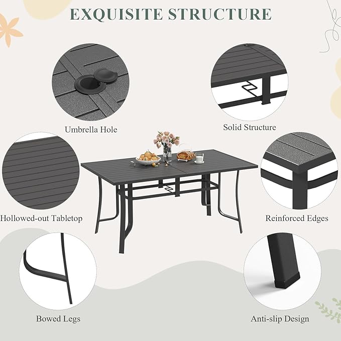 7 Pieces Patio Table and Chairs Set, 63" Metal Dining Table with Umbrella Hole, 6 High Back Textilene Swivel Chairs, Dining Table Set for 6, Outdoor Furniture for Porch Deck Yard Balcony, Blue