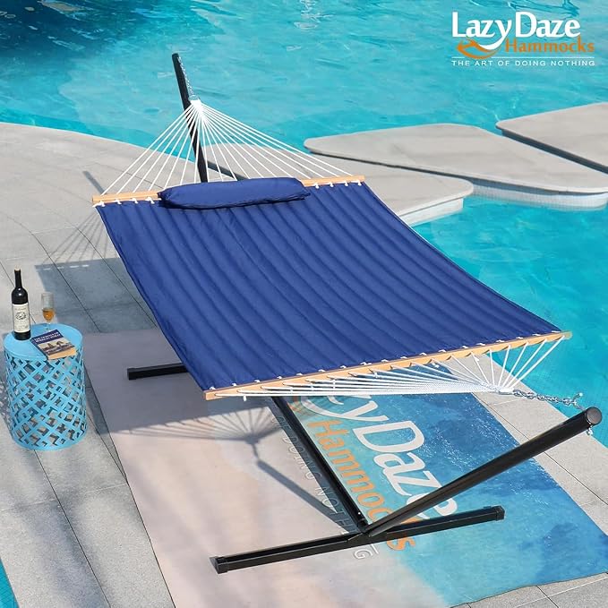 Lazy Daze Hammocks 12 FT Double Quilted Fabric Hammock with Spreader Bar and Detachable Pillow, 450lbs Weight Capacity, Navy Blue