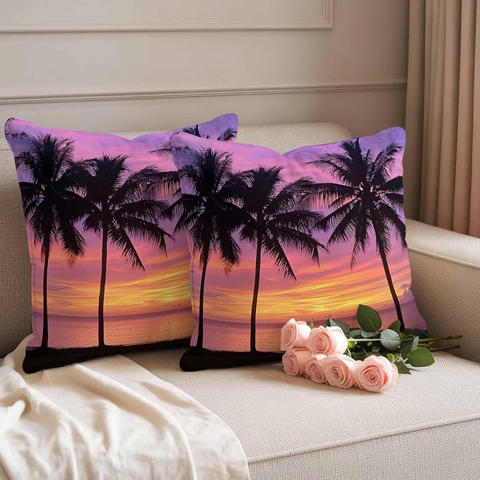 Ocean Sunset Waterproof Outdoor Pillow Covers Set of 2 Home Decor, Summer Seashore Palm Tree Gradient Sky Pillowcase Patio Pillow Covers for Couch Bench Furniture Garden 26x26in