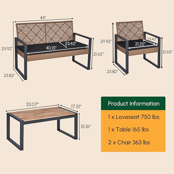 BEEFURNI Wicker Patio Furniture Outdoor Conversation Set of 4, Rattan Outdoor Furniture Set, Acacia Wood Table, 2 Chairs, 1 Loveseat, 2” Cushions, All Weather Set for Patio, Porch, Balcony (Brown)