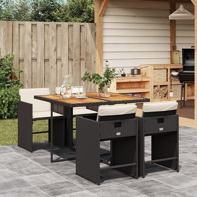 5 Piece Patio Dining Set with Cushions Black Poly Rattan Outdoor Furniture Table and 4 Chairs Foldable Space Saving for Garden Backyard Deck
