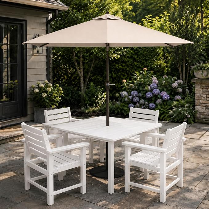 HDPE Outdoor Dining Set for 4, Square Table & Chairs Set | • All-Weather Polywood Composite • 410 lbs Heavy-Duty Support • Built-In 2" Umbrella Hole • Easy Soap-Water Wash