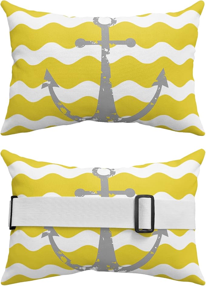 Outdoor Pillows Covers with Inserts Grey Nautical Anchor Yellow Wavy Stripes Waterproof Recliner Pillow with Adjustable Strap Throw Pillows for Patio Furniture Pool Lounge Chair, 11x16 inch, 1PCS