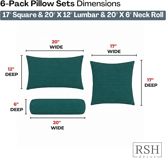 RSH DECOR: 6-Pack Pillow Set | All-Weather Fabric | Water & Fade-Resistant | 17" Square, 20" x 12" Lumbar, 20" x 6" Neck Roll Pillows | Outdoor Pillows for Patio | Made in USA (Idol Lagoon Peacock)