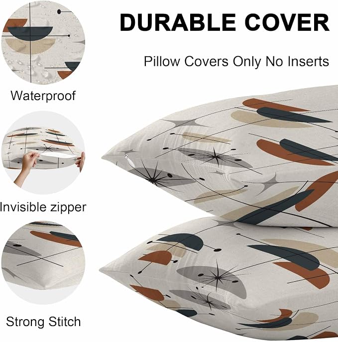 Vandarllin Outdoor Throw Pillows Covers 18x18 inch Set of 2 Waterproof Boho Mid Century Decorative Zippered Cushion Covers for Patio Furniture, Black Orange Geometric Abstract Lumbar Pillowcases