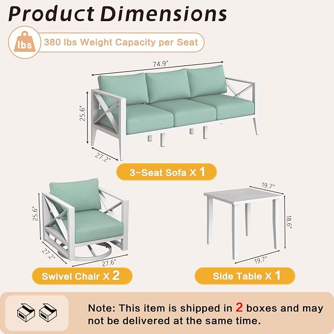 Oversized Aluminum Patio Furniture Set, 7-Piece Outdoor Conversation Set with Swivel Rocking Chairs & Coffee Table, Modern Weather-Resistant Seating for Deck,Yard,Balcony,Poolside-White