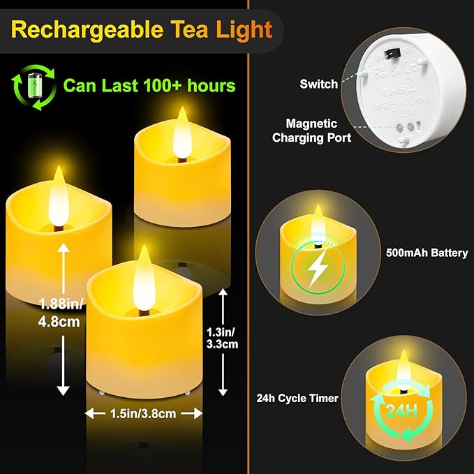 YiaMia 24 Pack Flameless Candles, Rechargeable Tea Lights with Magnetic Charging Base, Electronic Candles with Remote and Timer, 100+H Battery Operated Candles for Votive Wedding Halloween Christmas