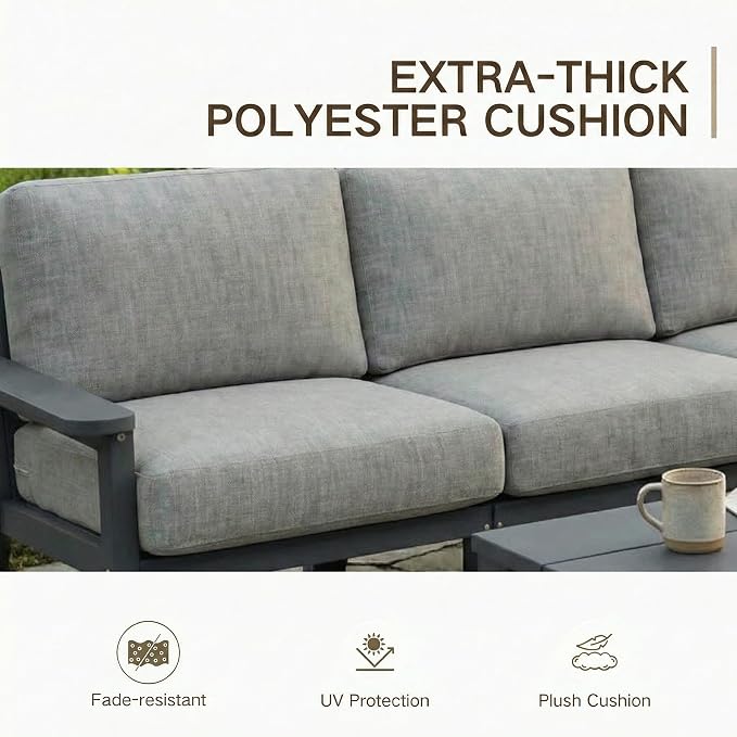 Kingdura HDPE Patio Furniture Set, 7 Piece Outdoor Sectional Sofa with Coffee Table & Side Table, All Weather Outdoor Couch Conversation Set with Washable Cushions for Backyard Poolside Balcony