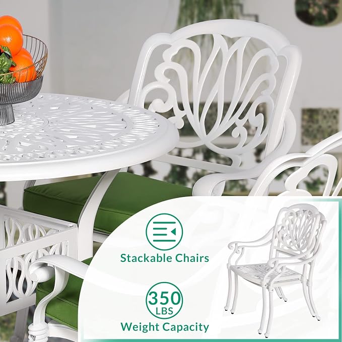 VIVIJASON 3-Piece Patio Bistro Sets, All-Weather Cast Aluminum Bistro Table Set Outdoor Patio Furniture, Include 2 Cushioned Chairs and 35.4" Round Table, 2" Umbrella Hole, White