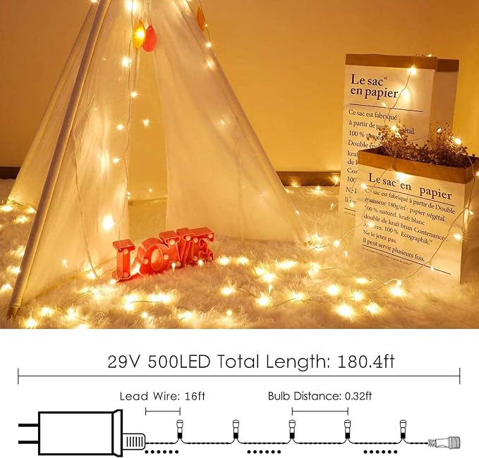 500 LED String Lights, 180FT Super-Long Christmas Lights Outdoor Indoor | Warm White, 13 Modes, Timer, Clear Wire Waterproof Twinkle Fairy Lights Plug in for Bedroom Classroom Patio Xmas Tree Decor