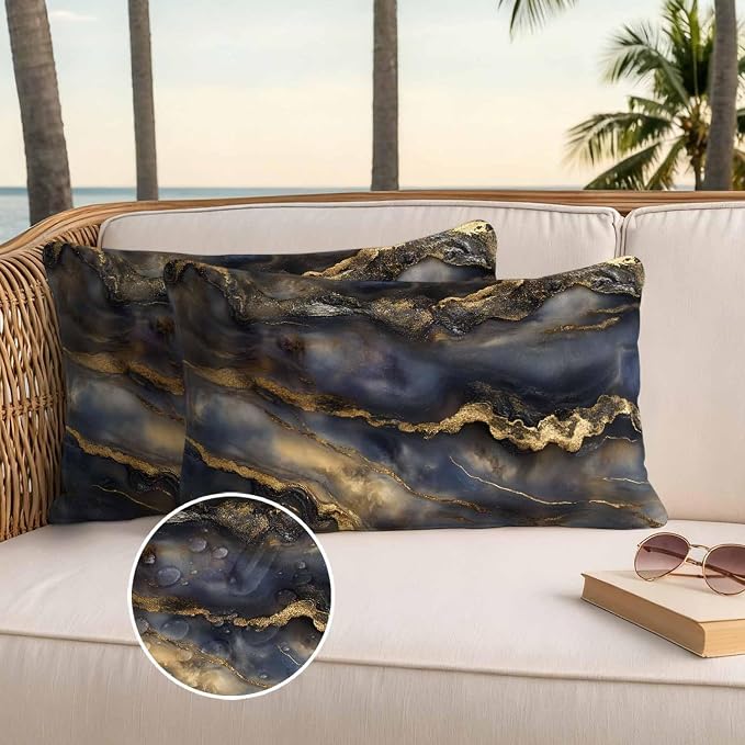 Modern Abstract Waterproof Outdoor Pillow Covers Set of 2 Home Decor, Luxury Black Golden Marble Texture Pillowcase Patio Pillow Covers for Couch Bench Furniture Garden 20x12in