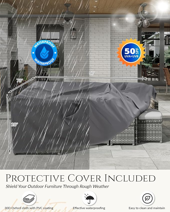 U-MAX 7 Pieces Patio Furniture Set with Waterproof Cover, Outdoor Sectional Sofa Conversation Set, All Weather Wicker Rattan Dining Table & Chair with Ottoman, Grey Rattan&Light Grey Cushion
