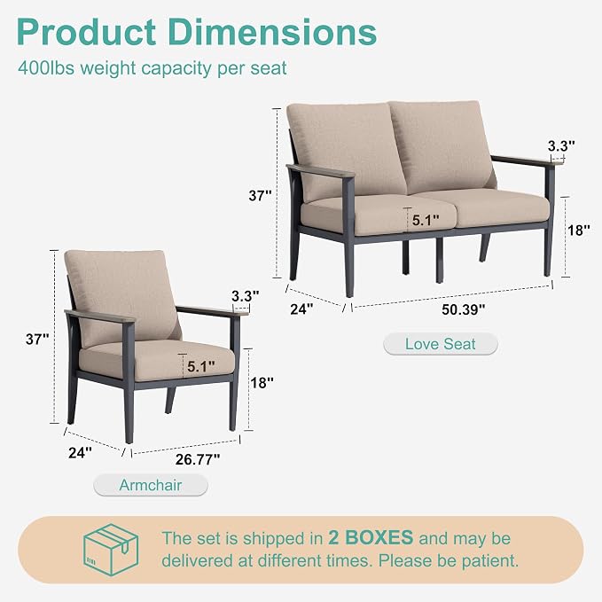Aluminum Outdoor Patio Furniture Set 4-Seat, Patio Conversation Set Sectional Furniture Set with High Backrest & Thickened Cushions for Garden, Backyard, Poolside, Sand