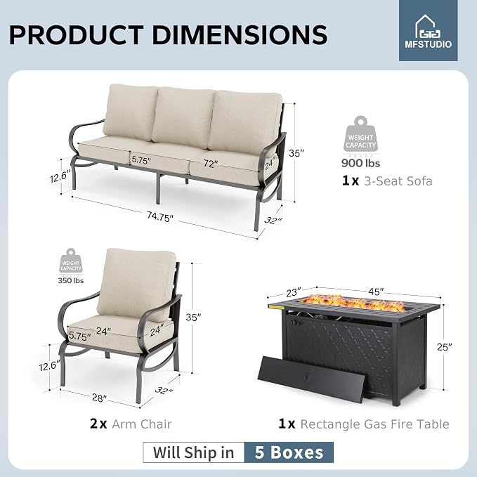 MFSTUDIO 4 Pieces Patio Conversation Sets, All Weather Metal Frame Outdoor Furniture Set Patio Sofas with 1 x 45 Rectangular Propane Fire Table, 1 x 3-Seat Sofa, 2 x Sofa Chairs, Beige Cushion
