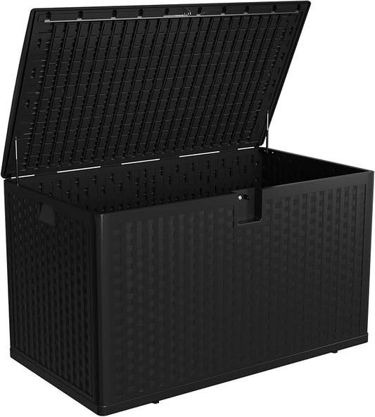 120 Gallon Large Outdoor Deck Storage Box, Waterproof UV Resistant Resin Patio Storage Bin, Lockable Heavy Duty Deck Chest Bench for Patio Cushions Garden Tools Pool Supplies, Black