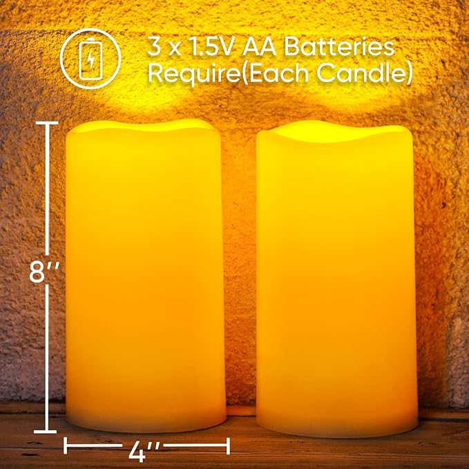 Homemory 4" x 8" Large Waterproof Outdoor Flameless Candles with Remote Control and Timer, Battery Operated Flickering LED Pillar Candles for Indoor Outdoor Lanterns, Porch, Long Lasting, Set of 4