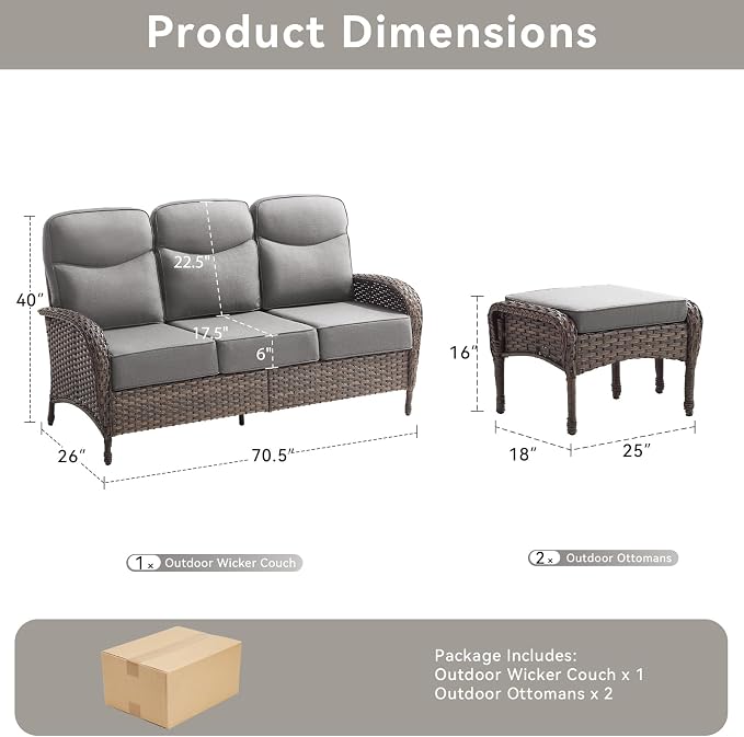 3 Pieces Luxury Patio Furniture Sofa Set with 6-Inch Thick Cushions, Outdoor Wicker Patio Furniture Covered Couch with Multifunctional Ottoman, Patio Conversation Set for Porch Garden, Grey