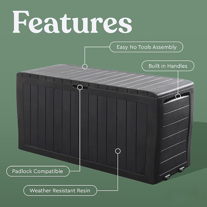 71 Gallon Outdoor Deck Box with Wood-Look Texture, Weatherproof Resin Storage Container for Patio Cushions, Graphite