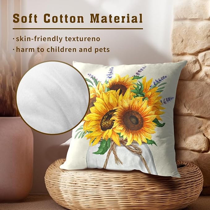 Sunflower Throw Pillows Covers 18 x 18 Inch - 2PCS Nature Summer Flower Vase Floral Decorative Square Pillowcases for Couch Sofa Bench Living Room Bedroom Decoration