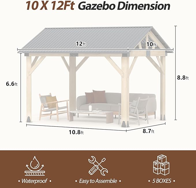 10' x 12' Wood Gazebo, Outdoor Cedar Hardtop Wooden Frame Gazebos with Galvanized Steel Roof for Garden, Patio, Deck
