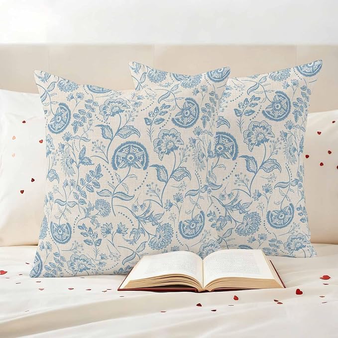 Outdoor Pillow Covers 18x18 Set of 2, Blue Spring Floral Waterproof Patio Throw Pillow Covers for Couch Sofa Chair, Farmhouse Botanical Vintage Decorative Pillowcases for Throw Pillows