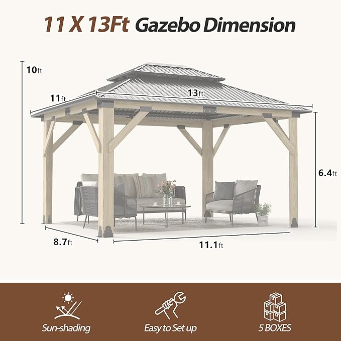 11x13 FT Wood Gazebo,Outdoor Wooden Hardtop Gazebo with Galvanized Steel Doule Roof,Cedar Wood Frame Gazebos Patio Backyard Deck