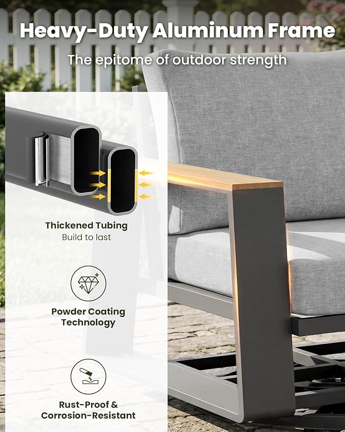 Aluminum Outdoor Patio Furniture Set, 5-Piece Patio Conversation Set with 5" Thick Cushions, Aluminum 360-Degree Large Outdoor Furntiure Set with Side Table and 5-Seat Sofa, Graphite