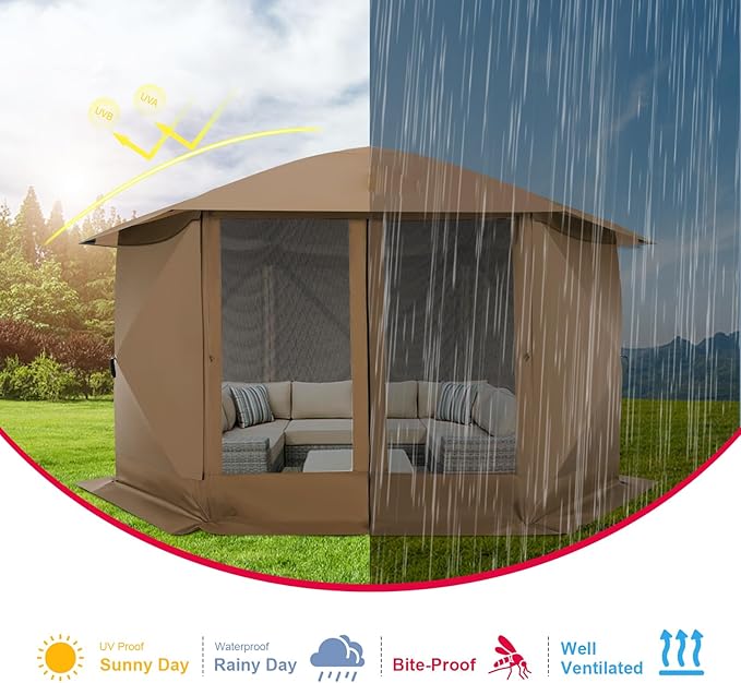 COBIZI 12x12 FT Pop Up Canopy Extendable Tent, Gazebos On Clearance with Removable Roof, Screened in Gazebo with sidewalls, Screen Tents Portable carpas para Patio for Outdoor Camping,Backyard,Brown