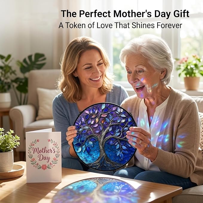 Birthday Gifts for Women - Blue Tree of Life Faux Stained Glass Window Hanging Sun Catcher for Door Garden Acrylic Decor Mother's Day Christmas for Mom Nana Grandma Sisters Wife 9.8"