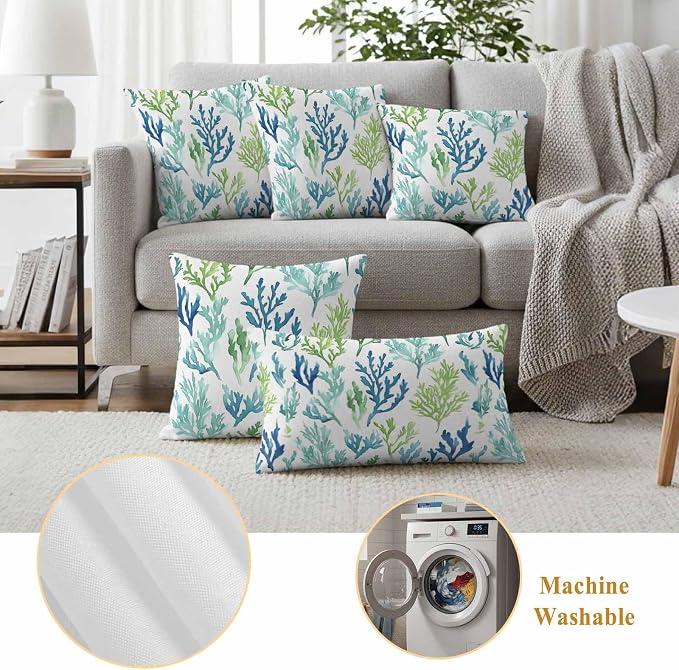 Ocean Teal Outdoor Waterproof Throw Pillow Covers Set of 2, 20"x12", Blue Green Coral Underwater Garden Coastal Decorative Pillow Covers Outside Cushion Case for Patio Porch Garden