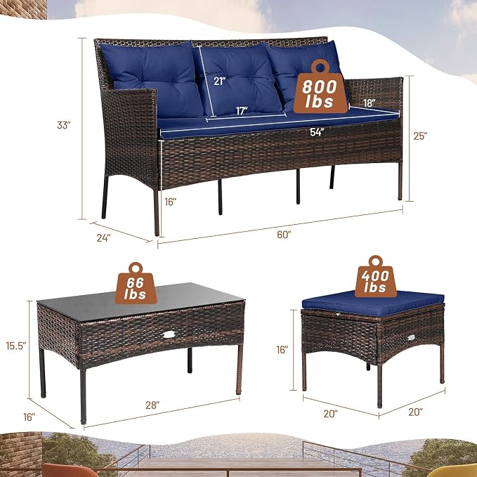 RELAX4LIFE 3 Pieces Patio Furniture Sectional Set, Rattan Wicker Conversation Set W/ 5 Cozy Seat & Back Cushions, Tempered Glass Coffee Table for Poolside, Balcony, Backyard Outdoor Furniture (Navy)