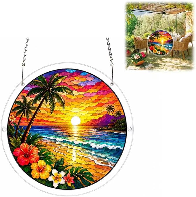 Acrylic Suncatcher Jigsaw Puzzle, Tropical Beach Sunset Stained Glass Style Sun Catcher Puzzle for Adults, Window Wall Hanging Decor, Palm Trees Ocean Wave DIY Craft Puzzles Gift Women