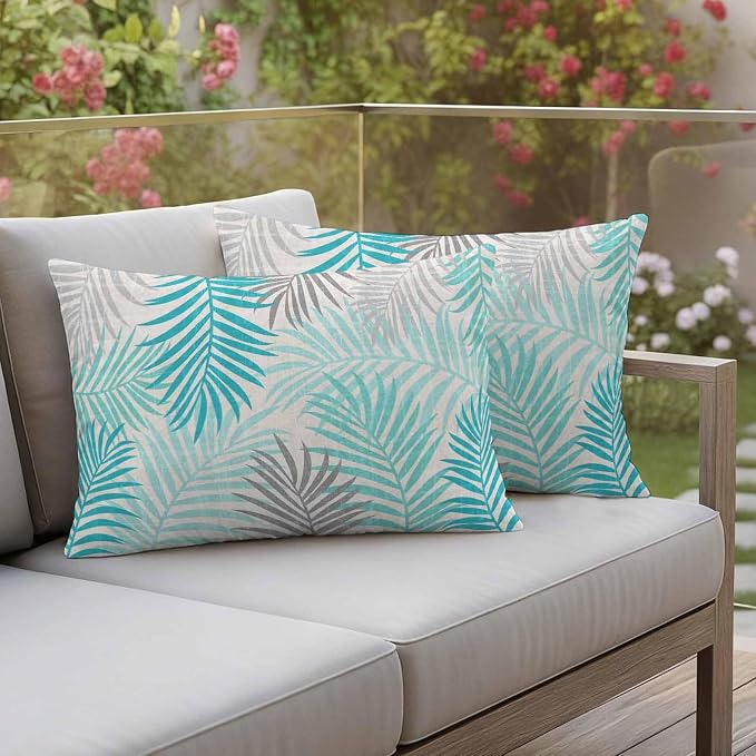 Outdoor Waterproof Throw Pillow Covers, Teal Grey Palm Leaves Decorative Pillow Cases, Summer Botanical Tropical Leaf Couch Pillow Protector Patio Sofa Cushion Covers Replacement 20"x12" 2 Pack