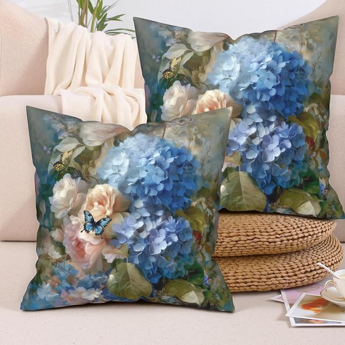 Vintage Rose Hydrangea Pillow Covers Oil Painting Floral Throw Pillow Covers Spring Summer Pillow Case 22x22 Blue Pink Flowers Cushion Case for Living Room Couch Sofa Set of 2