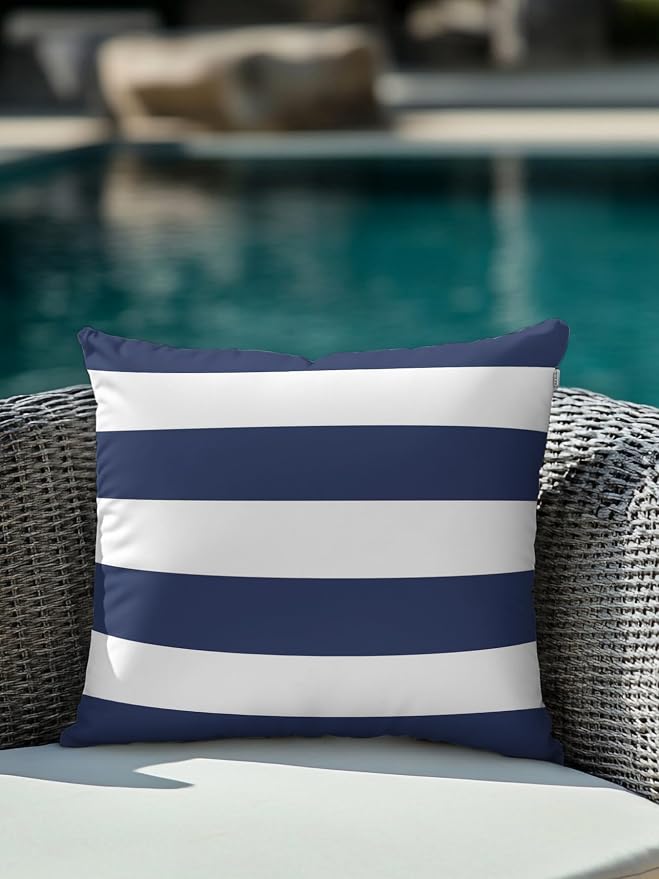 Waterproof Outdoor Pillow 1 Pack Navy Blue Stripe Decorative Throw Pillows Cover & Insert 16x16 Inch Pillowcase Simple Style Striped Square Pillows for Couch Sofa Bed Patio Furniture Indoor Outdoor