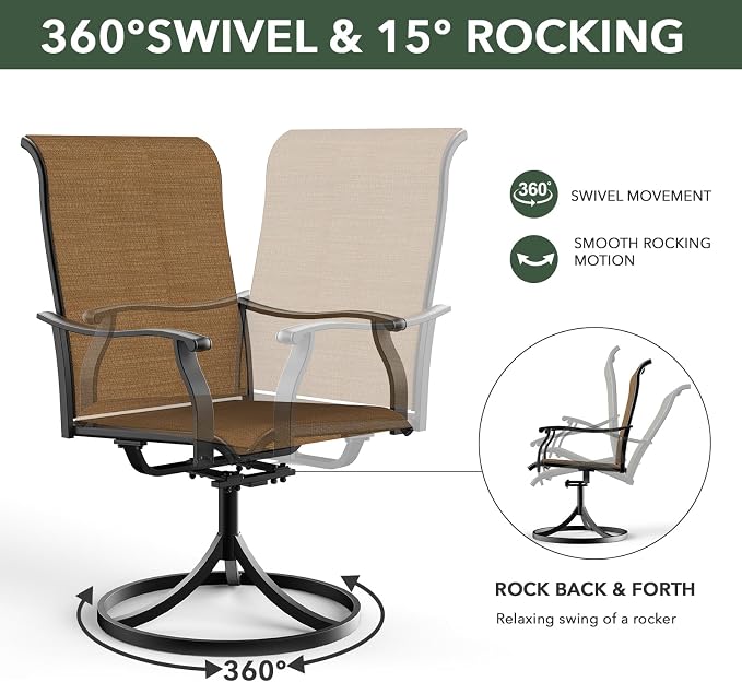 Outdoor Patio Set, 37" Square Glass Dining Table and 4pcs Swivel Chairs, All-Weather Patio Furniture Set with 1.7" Umbrella Hole for Garden Backyard Lawn Poolside