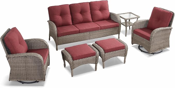 6 Pieces Outdoor Furniture-Patio Swivel Rocker Chairs Set of 2 3-Seater Wicker Couch with Outdoor Ottoman Outdoor Patio Furniture Set for Deck Porch Garden Balcony Poolside-Grey/Red