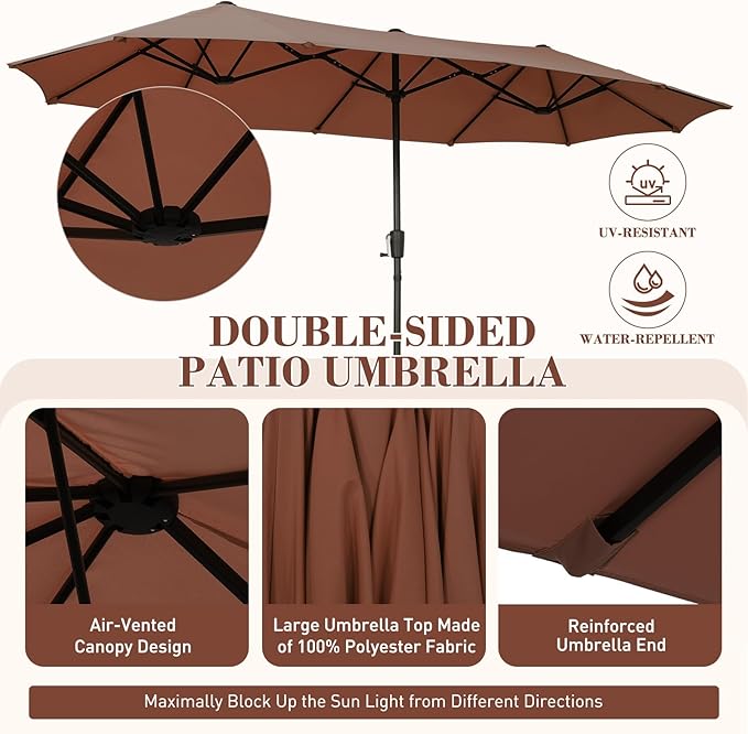 13 ft Patio Umbrella, Large Rectangle Outdoor Umbrella with Strap, Crank, Coffee