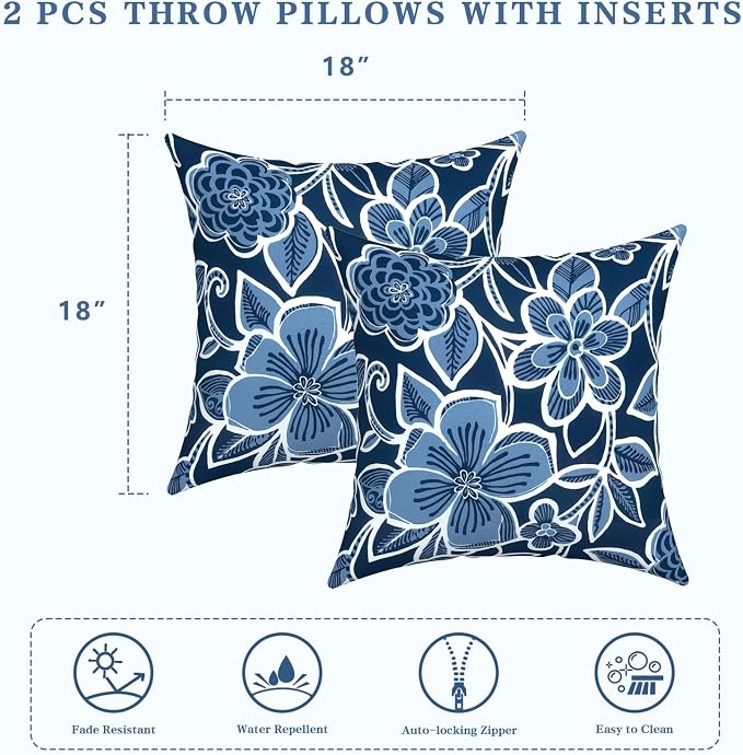 LVTXIII Outdoor/Indoor Throw Pillows, Decorative Throw Pillows with Inserts, 18"x18" Square Pillows for Bed, Couch, Sofa and Patio Furniture, Set of 2, Flower Navy