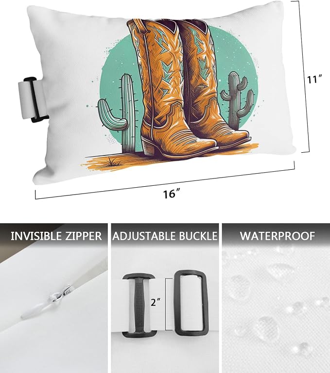 Outdoor Pillows Covers with Inserts Vintage Brown Cowboy Shoes with Cactus Waterproof Recliner Pillow with Adjustable Strap Throw Pillows for Patio Furniture Pool Lounge Chair, 11x16 inch, 1PCS