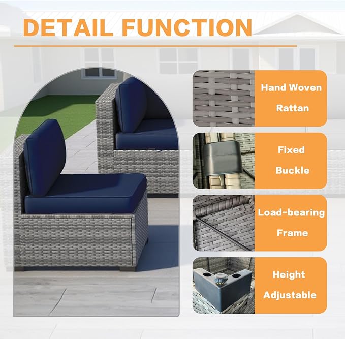 MOCHITO 7 Pcs Outdoor Patio Furniture Sets Grey Rattan Blue Cushions | All-Weather Sectional Sofa, with Glass Table, PE Rattan Wicker Patio Furniture , Washable Cushions, for Balcony Porch Garden